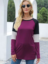 Contrast Striped Round Neck Long Sleeve T-Shirt Red-Violet OutfitFlow